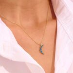 14K Solid Gold Blue Topaz Moon Necklace
