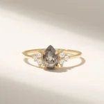 14k金復古梨形胡椒鹽鑽石訂婚戒指，純金戒指