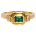 14K Solid Gold Natural Emerald and Diamond Art-Deco Style Ring