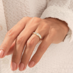 18k Gold Bezel Natural Diamond Wedding Ring: Chunky Dome Bridal Band with 5 Round Stones